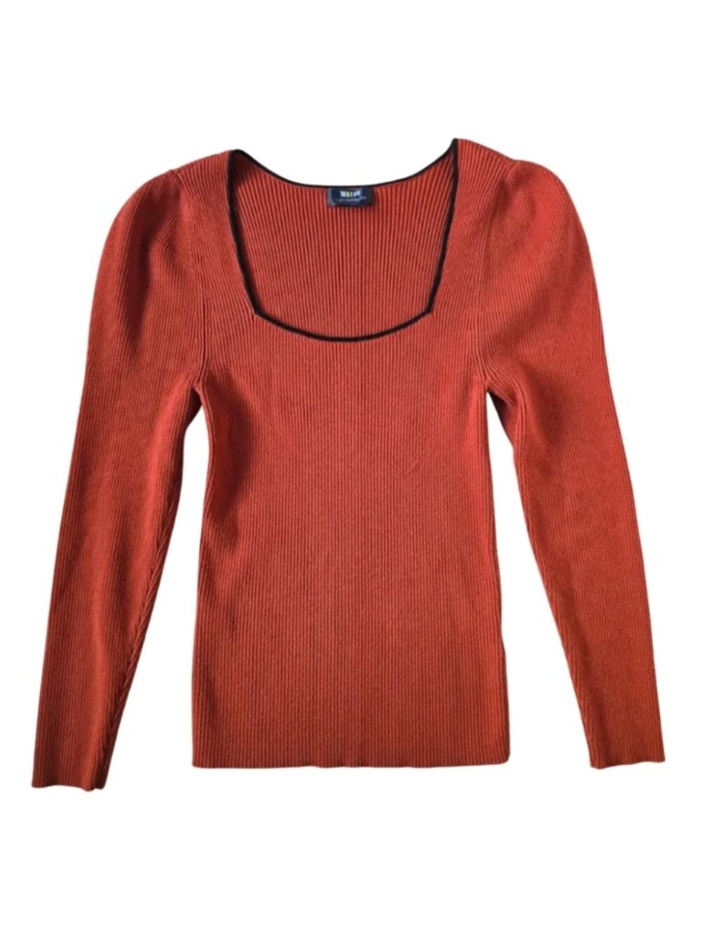 Maeve Anthropologie Ribbed Knit Top Square Neck Rust Orange Medium Puff Sleeve